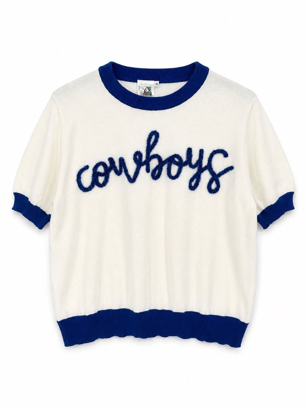 Queen of Sparkles Cowboys Knit Sweater Top Medium Ivory Fuzzy Spell-Out Game Day